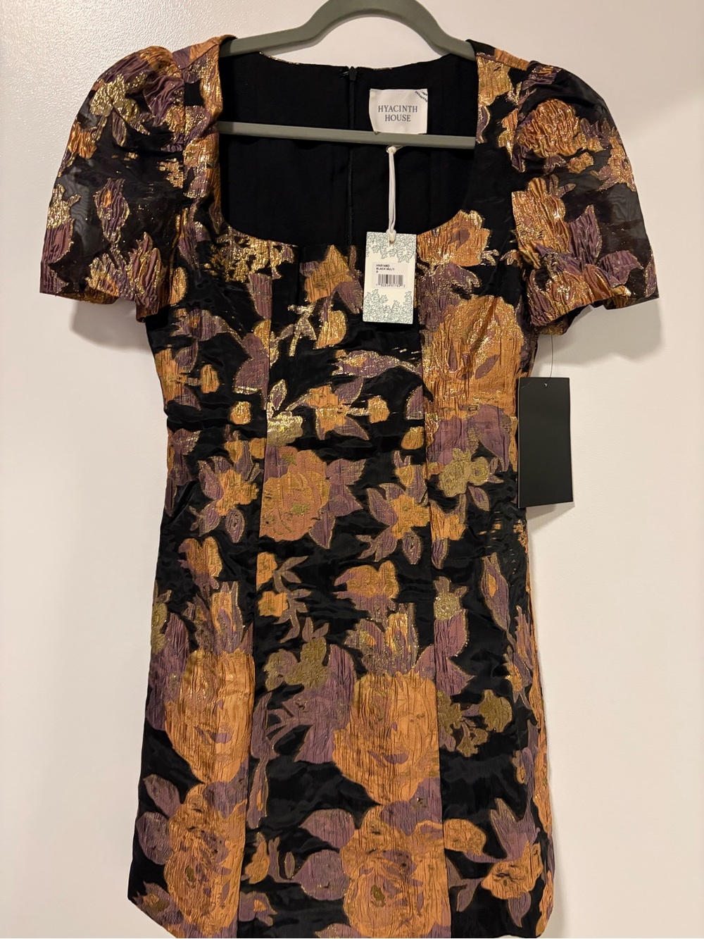 Hyacinth House Black Mini Dress with Gold & Purple Floral Brocade
